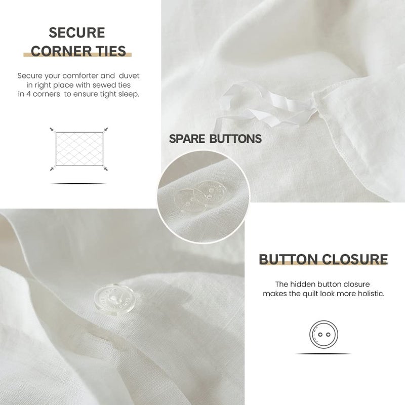 Simple&Opulence 100% Linen Duvet Cover Set 3pcs Basic Style Natural French Washed Flax Solid Color Soft Breathable Farmhouse Bedding with Button Closure - White, Queen - Image 4
